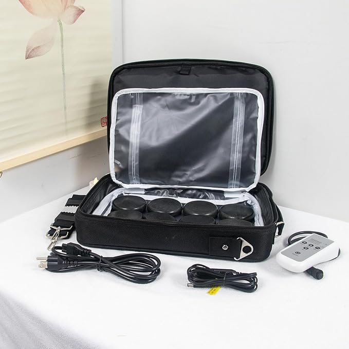 Portable Massage Stone Warmer Set, 20 Pcs Basalt Hot Stones with Heater Kit, Electric Hot Stones Warmer Massager for Professional/Home Spa, Digital Controller Heating Travel Bag (Black) - Bloomnest