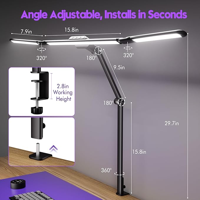Quntis 32.5" Architect Desk Lamps for Office Home Dorm - Eye Care 3 Light Bar 1100LM Bright, Ambient Backlight, Radar Sensor, Remote Control, 2H Timer, Workbench Drafting Reading Video Conference Task - Bloomnest