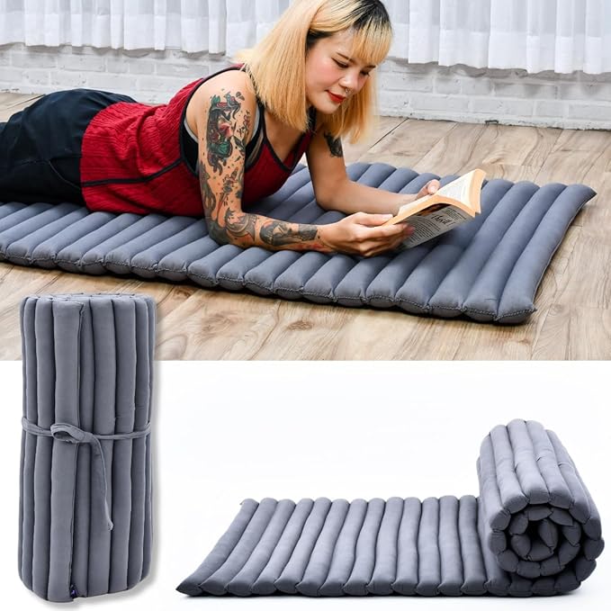 Leewadee - Foldable Floor Mattress - Japanese Roll Up Futon -Trifold Tatami Mat- Guest Floor Bed - Camping Mattress - Thai Massage Mat, Kapok Filled, 75 x 28 inches, Anthracite - Bloomnest