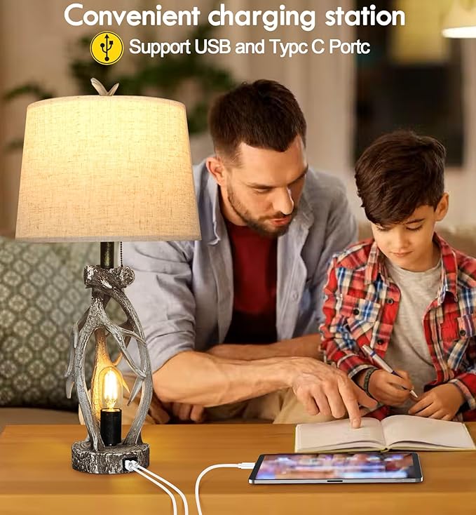 28" Touch Rustic Antler Table Lamps Set of 2 for Bedroom, 3 Way Dimmable Farmhouse Nightstand Lamps with USB + Type C Ports for Living Room End Table Cabin Decor (Included 4 Bulbs) - Bloomnest
