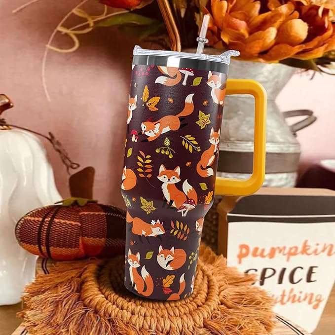 Ceovfoi 40 oz Fall Fox Tumbler With Lid and Straw, Travel Mug Cup Water Bottle, Gifts for Fox Lovers, Decor Accessories - Bloomnest