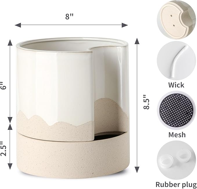 Nihow Self Watering Plant Pot: 8 Inch Ceramic Planter with Drainage Hole & Water Storage Plus for Indoor & Outdoor Plants - Cylinder Round Flower Pot for Succulent/Herbs/Violets - White & Wave Nature - Bloomnest
