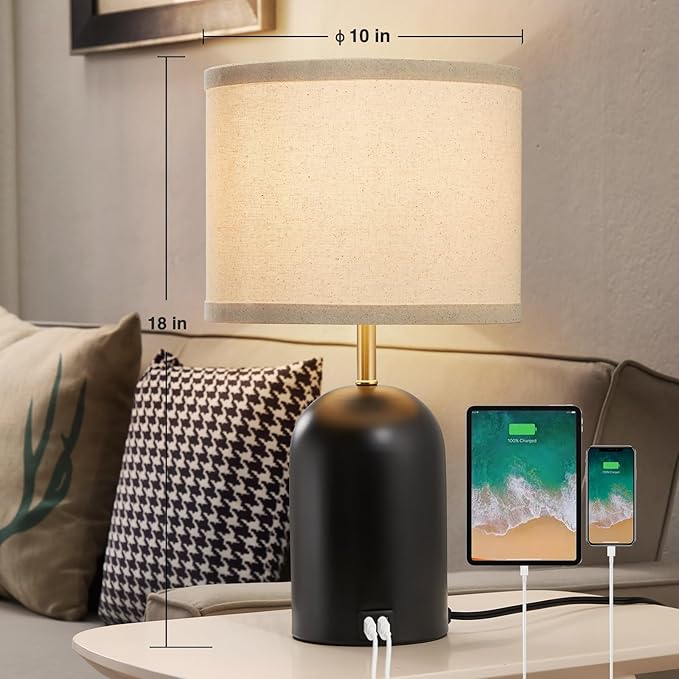 Touch Control Table Lamps Set of 2, Modern Bedside Lamp with 2 USB Ports, 3-Way Dimmable Gold and Black Nightstand Lamp with Fabric Shade for Living Room Bedroom Office Dorm(LED Bulbs Included) - Bloomnest