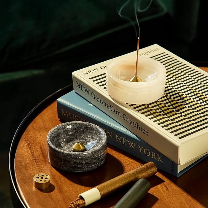 Pearly Onyx Japanese Incense Holder for Sticks, Cone Ash Catcher Bowl,Marble Incense Stand Set with Sandalwood Sticks & 2 Brass Burners, Minimalist, Zen, White - Bloomnest