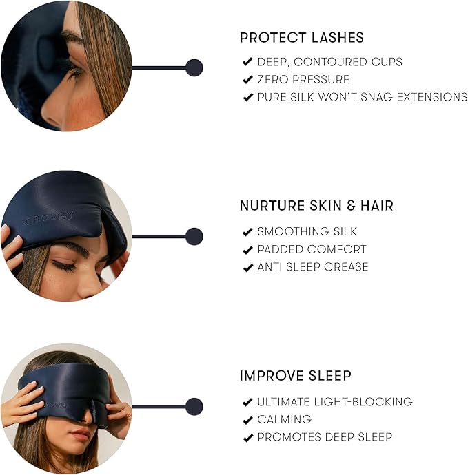 DROWSY Eyelash Protecting Silk Sleep Mask for Natural Lashes & Extensions. Deep Eye Cups, Zero Pressure, Total Blackout, Full Wraparound (Midnight Blue) - Bloomnest