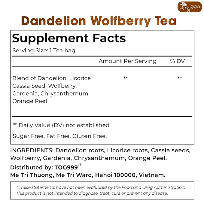 TOG999, Organic Dandelion Wolfberry Tea, 9 Herbal Ingredients, Traditional Recipe Tea for Kidney & Liver, Natural Dandelion, Wolfberry, Gardenia, Cassia Seed, Chrysanthemum, Licorice, Orange Peel - Bloomnest