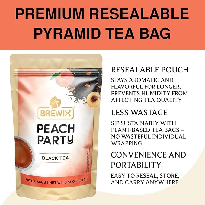 BREWIX, Peach Black Tea (50 Plant Based Pyramid Bags) | Premium Black Tea with Peach | Floral & Refreshing | Iced or Hot | Caffeinated And Sugar-Free - Bloomnest