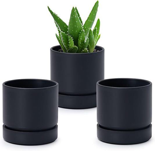 4 Inch Modern Plastic Round Pots for Indoor Houseplants and Herbs, Pack of 3 Planter Pot with Drainage Hole & Saucer, Deep Water Catch Tray, Straight Cylindrical Pot for Plants, Matte Black, 23-D-R-2 - Bloomnest