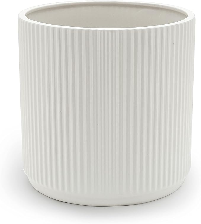 Amazon Basics Fluted Ceramic Round Planter, 8-inch, White - Bloomnest