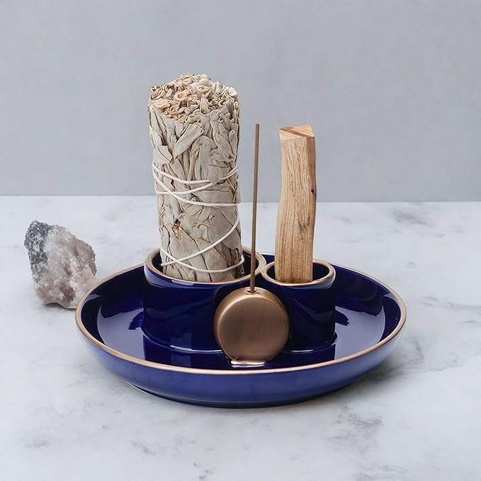 4 in 1 Incense Holder, Ceramic Incense Stick and Palo Santo Holder,Sage Holder for Burning- 5.5" Ceramic Ash Catcher Tray for Meditation and Yoga Room (Blue Golden) - Bloomnest