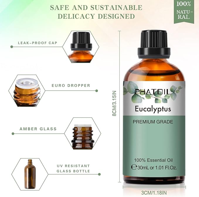 PHATOIL Eucalyptus Essential Oil 30ML, Pure Eucalyptus Essential Oils for Diffuser, Humidifier, Aromatherapy, Perfect for DIY Soap, Candle, Bath Bombs Making PHATOIL