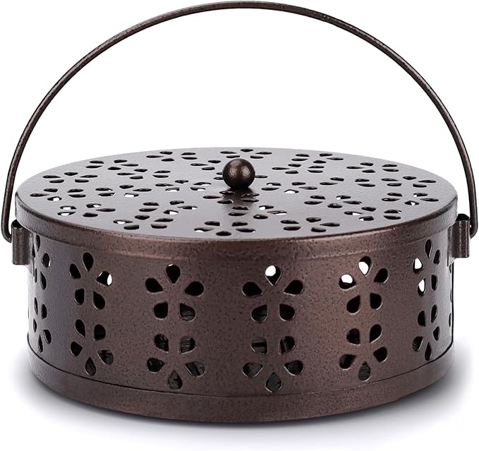 Portable Mosquito Coil Holder with Handle Round Heat-Resistant Iron Incense Coil Holder (Bronze) - Bloomnest