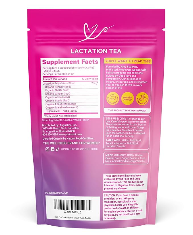 Pink Stork Organic Lactation Tea – Fenugreek, Fennel, Milk Thistle + More – Support for Breastfeeding, Pumping, Hydration, Milk Flow – Smooth Vanilla – 15 Sachets, Caffeine-Free - Bloomnest