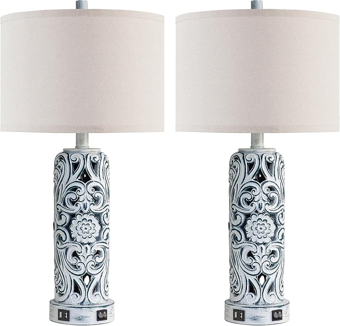 25'' Vintage Coastal Table Lamp Bedside Lamps Set of 2, Farmhouse Table Lamps with Dual USB Ports for Bedroom, Wash Blue Hollow Out Resin Lamp with Nightlight for End Table, 2 Bulbs Included - Bloomnest