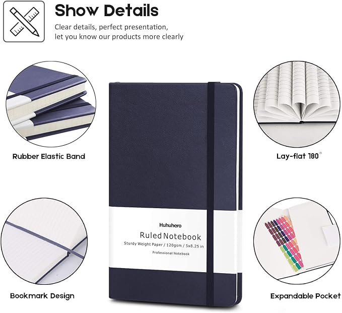 Huhuhero Notebooks Journal, Ruled Notebook, Premium Thick Paper Lined Journal, Black Hardcover Notebook for Office Home School Business Writing Note Taking Journaling, 5"×8.25" (5, Navy Blue) - Bloomnest