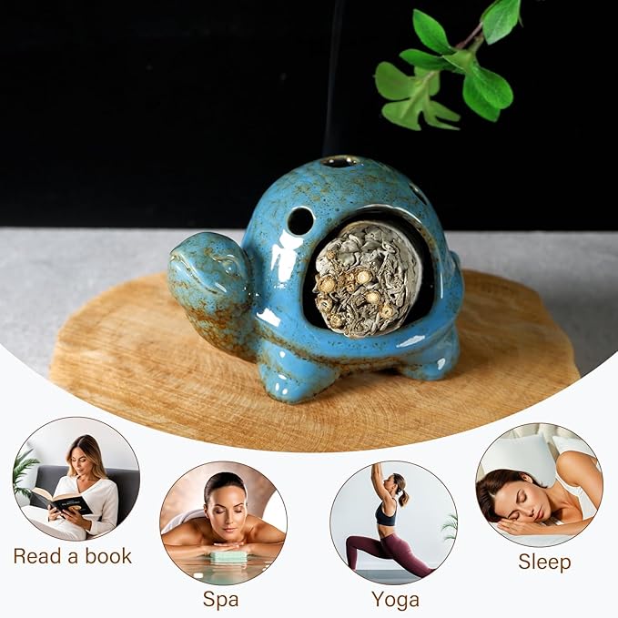 Blue Ceramic Turtle Palo Santo Burner - Mini Chiminea, Burns Palo Santo、Sage、Incense Cones, Doubles as Small Candle Holder for Energy Cleansing、Yoga、Meditation、Zen、Altar Aromatherapy MOUGIGI
