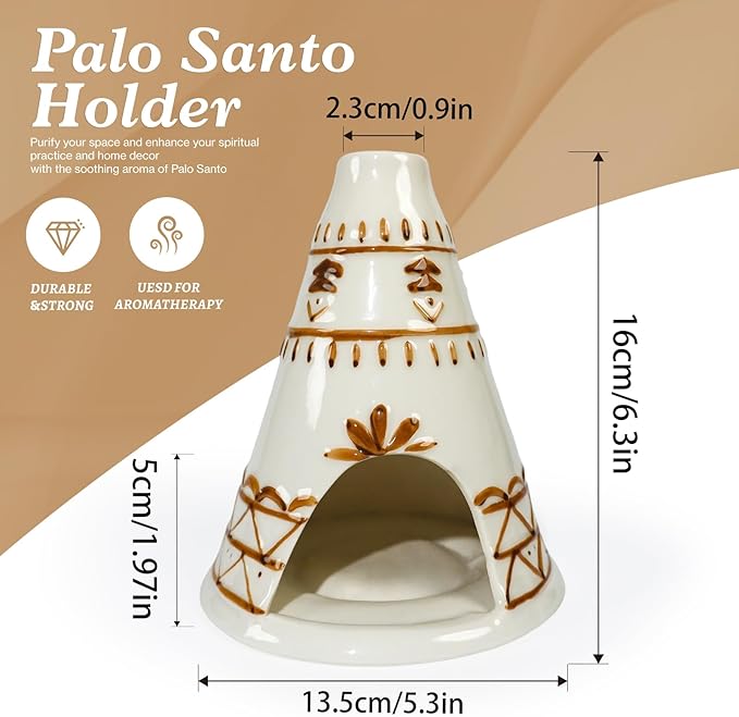 Handcrafted Palo Santo Holder Ceramic Chimney Incense Burner - Tent Shape - Safe for Palo Santo Sticks Sage & Incense Cones for Meditation Yoga Zen Altar Aromatherapy - Thoughtful Gift Idea MOUGIGI
