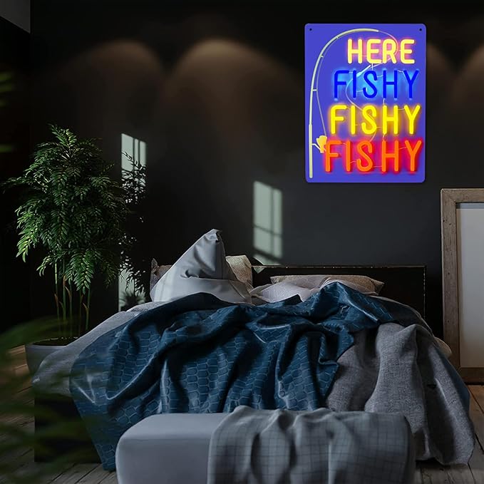 Funny Here Fishy Neon Sign Dimmable Fish Neon Light Wall Decor for Fishing Gear Store,Game Room, Man Cave Gift Art for Fishing Enthusiast-15.9 x 12.1IN-USB Powered-Acrylic - Bloomnest