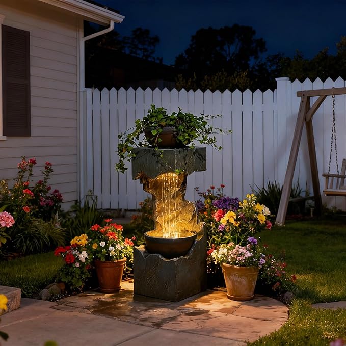 37.4''H 2-Tiered Rainfall Bowl Garden Water Fountain with LED Lights and Pebbles, Modern Crackled Stone Feature Waterfall for Porch, Deck, Yard, Patio, and Home Décor - Bloomnest
