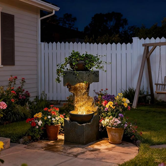 37.4''H 2-Tiered Rainfall Bowl Garden Water Fountain with LED Lights and Pebbles, Modern Crackled Stone Feature Waterfall for Porch, Deck, Yard, Patio, and Home Décor - Bloomnest