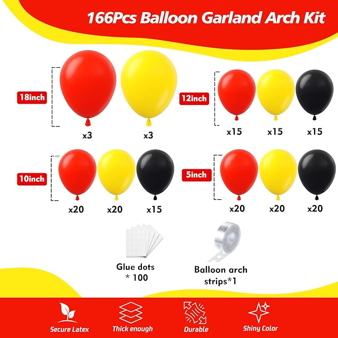 166Pcs Red Yellow Black Balloon Garland Arch Kit - Mouse Party Decorations with 18 12 10 5 Different Sizes Latex Party Balloons for Birthday Baby Shower Cartoon Game Theme Backdrop Decorations - Bloomnest