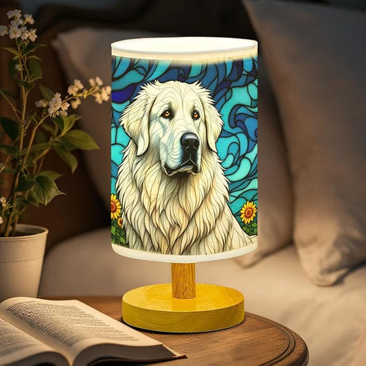 Great Pyrenees Table Lamp LED 3-Color Pressed Bedside, Dog Shade Lamp with Wood Base for Bedroom Living Room Desk Office - Bloomnest