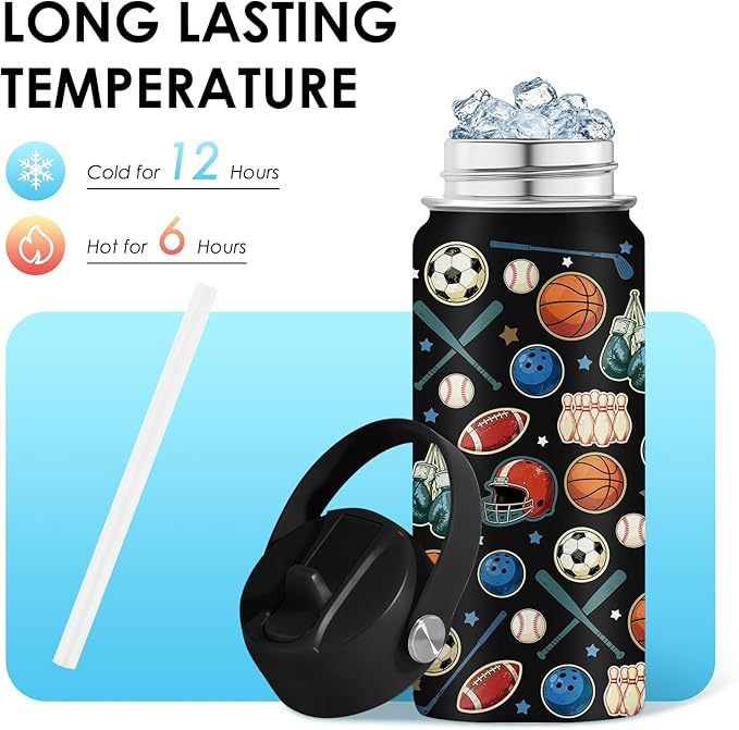 Sports Gifts for Kids - 16 Oz Water Bottle with Straw Lid, Stainless Steel Insulated Tumbler, Leak Proof, BPA-Free, for Boys Girls, School, Travel - Sports Lovers Children Birthday Gifts Cups (1pc) - Bloomnest