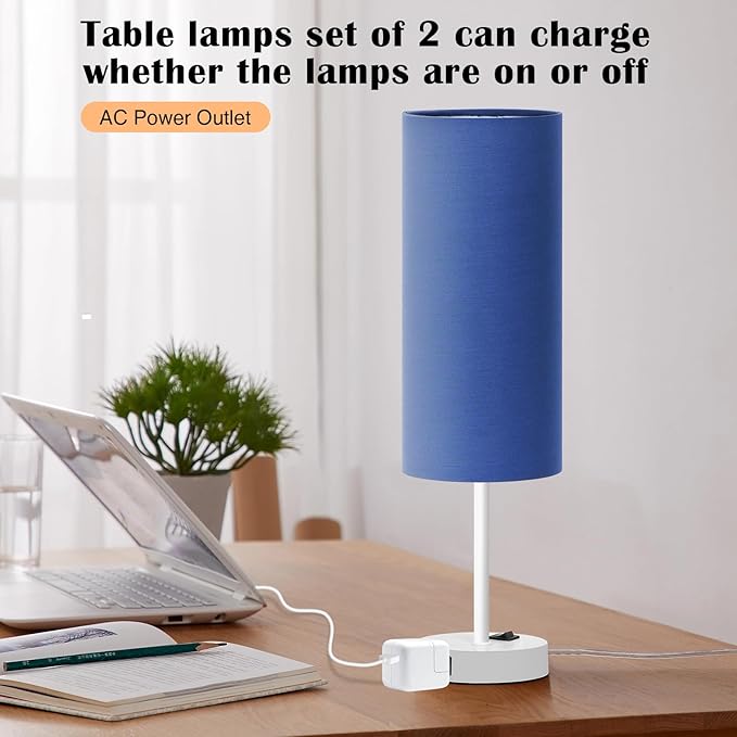 ZJOJO Table Lamp for Bedroom 2 Pack,18in Bedside Lamps with 3 Way Dimmable Rocker Switch & AC Outlet,Nightstand Desk Lamp with Blue Fabric Shade White Base for Living Room Home Decor Lights - Bloomnest
