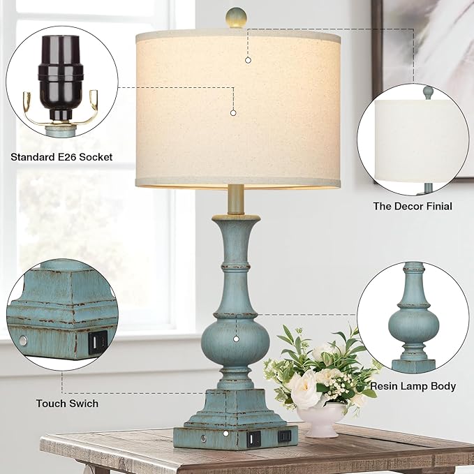 Farmhouse Table Lamps Set of 2, 26" Vintage Rustic Touch Control 3-Way Dimmable Bedside Lamp with USB A+C Ports & AC Outlet, Blue Nightstand Lamp for Living Room Bedroom End Table(LED Bulbs Included) - Bloomnest
