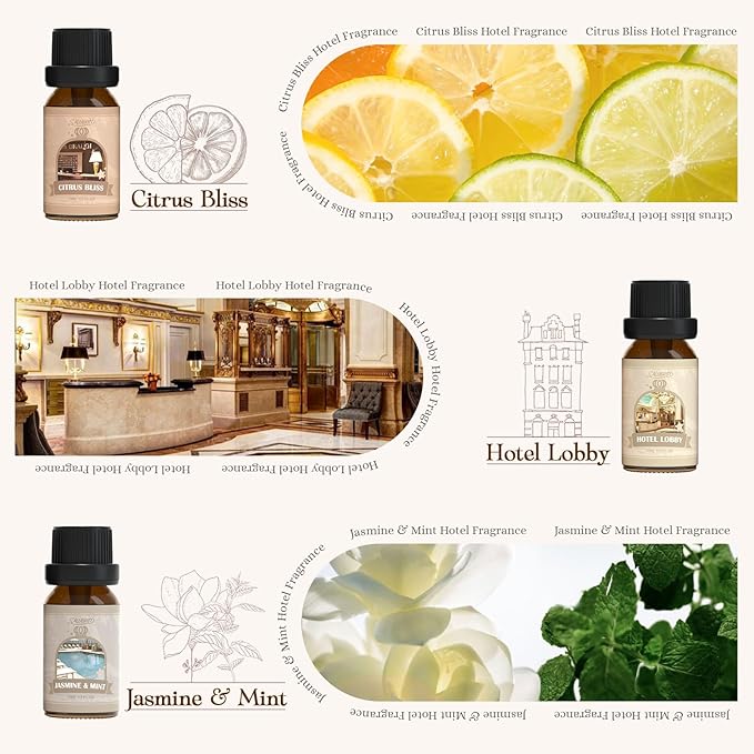 SALUBRITO Hotel Fragrance Oil Set, Luxury Essential Oil Set for Diffuser, Candle, Soap Making Scents, Luxury Night, White Tea, Lemon & Thyme, Citrus Bliss, Hotel Lobby, Jasmine & Mint, Strong Scented - Bloomnest