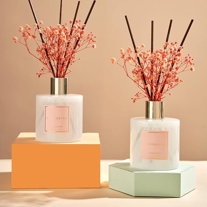Cocorrína Premium Reed Diffuser Set with Preserved Baby's Breath & Cotton Stick Sandalwood Rose 2 Packs, 6.7oz Scent Fragrance Oil Diffuser for Bedroom Bathroom Home Décor - Bloomnest
