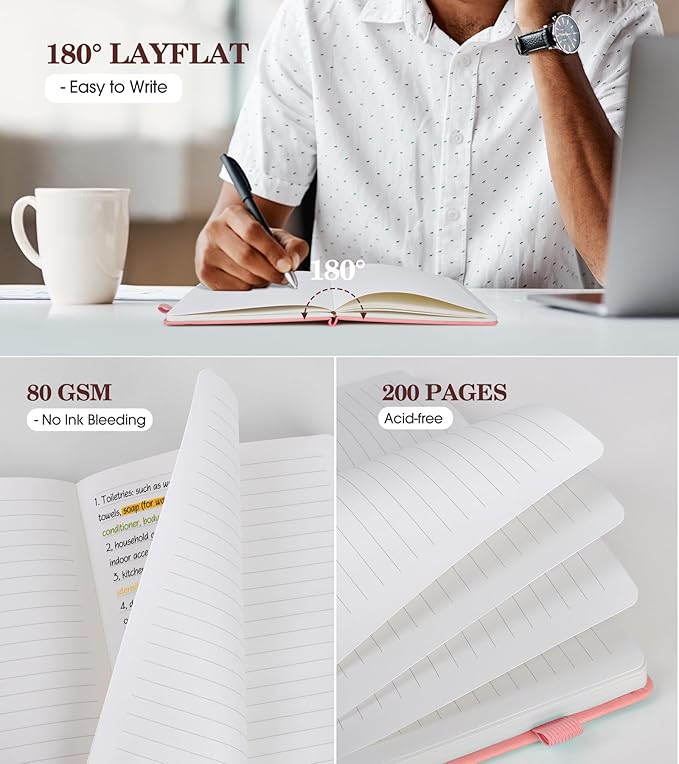 Lined Journal Notebook for Women, A5 Pink Hardcover Leather Journals for Writing, 200 Pages Thick Travel Daily Journal, College Ruled Notebook for Work School, Note Taking, Business 5.75'' X 8.38'' - Bloomnest