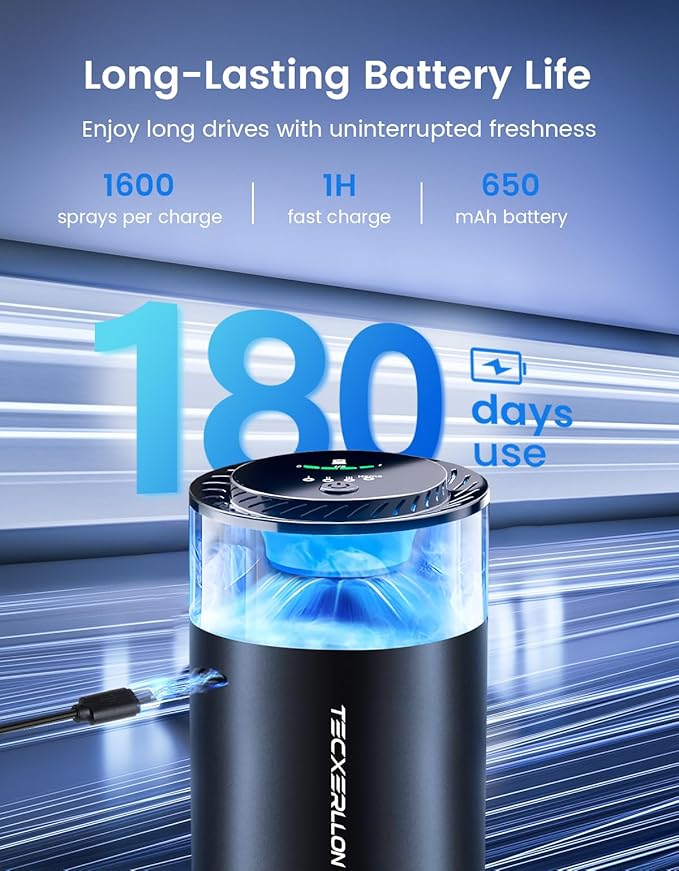 Smart Car Air Freshener, Car Diffuser with Mist Light & 2 Diffusers Oil Refills for 3200 Sprays, 3 Scent Modes, Auto On/Off, Long Lasting Car Air Freshener for Car, Home, Office, Bedroom - Bloomnest