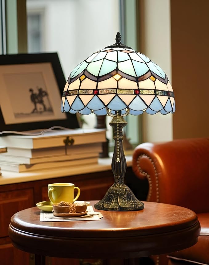Tiffany Table Lamp, 12-inch Mediterranean Blue Style, Stained Glass Lamp for Living Room, Dining Room, Bedroom, Study Room, Office - Bloomnest
