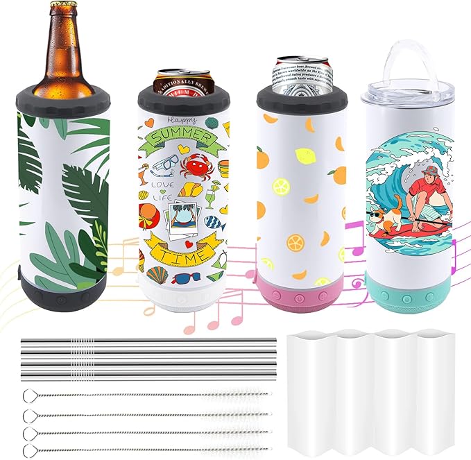 4 Pack 16oz Sublimation Bluetooth Speaker Blank Tumblers Bulk Stainless Steels Insulated 4 in 1 Can Cooler Beer Holder With Lid and Straw Mix Colors Metal Slim Coozies for Drinks - Bloomnest
