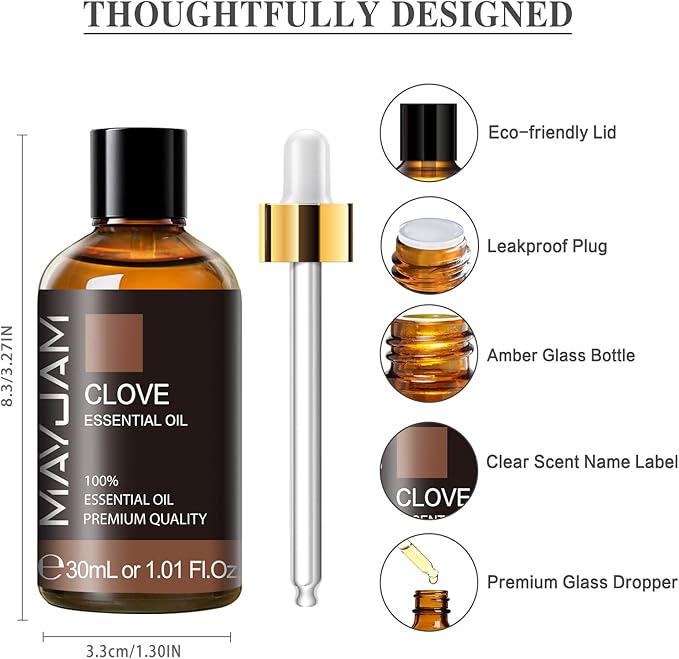 MAYJAM Clove Bud Essential Oil, Premium Pure Essential Oils, 1.01FL.OZ Clove Bud Oil for Diffusers Soap Candle Making, Ideal for Home Office Car Yoga Use - Bloomnest