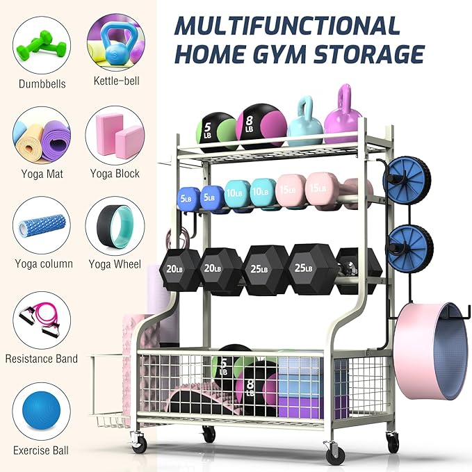 PLKOW Dumbbell Rack, Weight Rack for Dumbbells, Home Gym Storage for Dumbbells Kettlebells Yoga Mat and Balls, All in One Workout Storage with Wheels and Hooks, Powder Coated Finish Steel - Bloomnest
