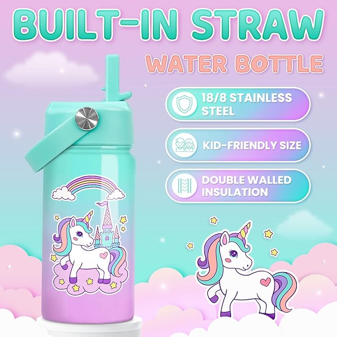 Unicorn Water Bottle - Kids Water Bottle with Straw Lid - 12 Oz Insulated Stainless Steel Ocean Water Bottles for Kid Girl- Travel Cup for School Sports - Bloomnest