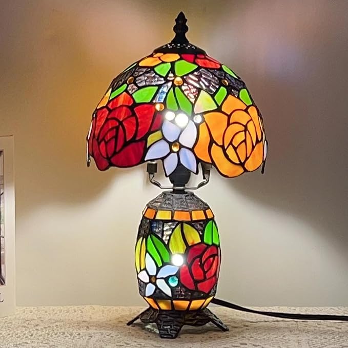Small Tiffany Lamp Stained Glass Table Lamp Mini Mother Daughter Vase Desk Accent Night Light for Bedroom Bedside Reading Home Antique Style 8X14 Inches (Red Yellow) - Bloomnest