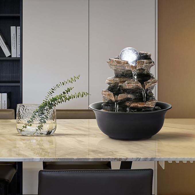 WICHEMI Indoor Fountains Tabletop Fountain Waterfall Fountain Indoor Water Feature Stacked Rocks Feng Shui Zen Meditation Relaxation Desktop Fountain with LED Light for Home and Office Decor(Style 5)