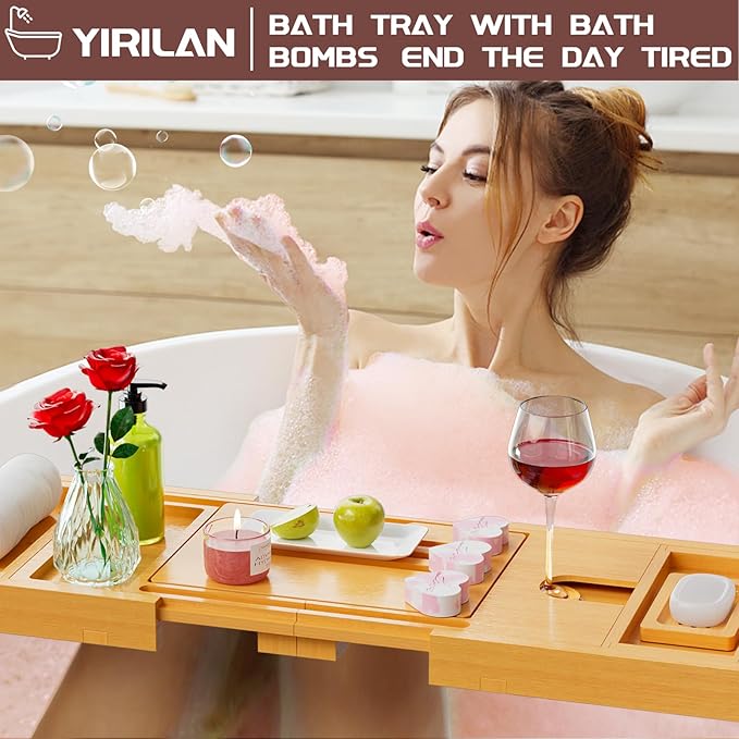 Yirilan Lux Expandable Bathtub Tray Caddy with 3 Bath Bombs-Self Care and Relaxation Birthday Gifts for Women and Men, Housewarming Gift Idea, for Mom Sister Daughter Wife - Bloomnest