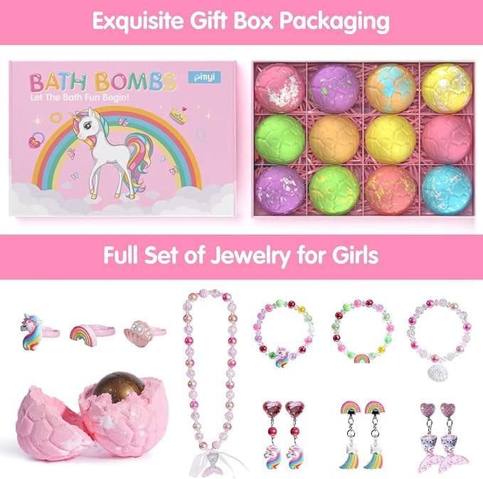 Kids Bath Bombs for Girls with Toys Inside, 12+1 Pack Unicorn Bath Bombs with Surprise Jewelry for Kids, Princess Girls BathBombs with Mermaid Necklace 3 4 Year Old Girl Birthday Easter Gifts - Bloomnest
