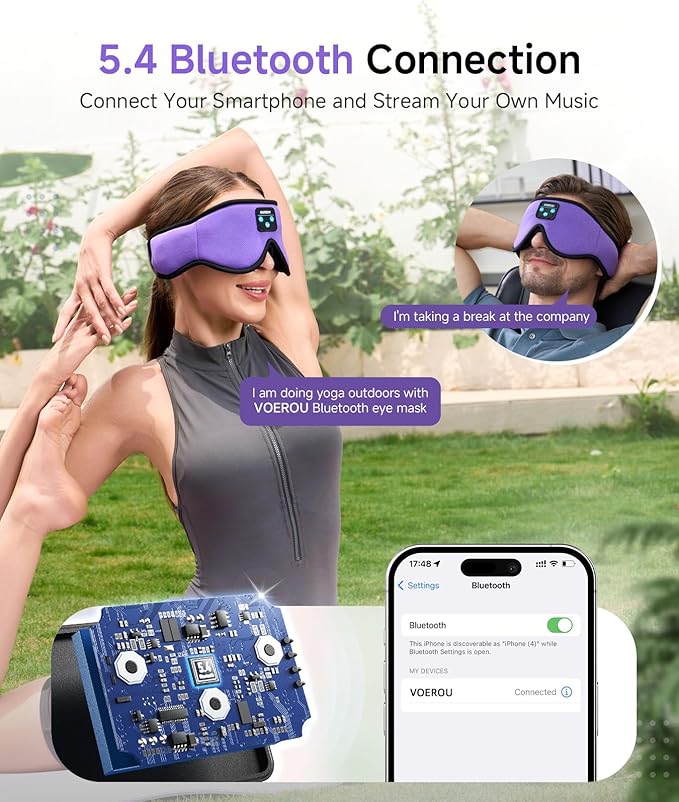 Voerou Sleep Headphones Bluetooth 5.4 Eye Mask, Sleep Mask with Bluetooth Headphones Wireless for Side Sleepers, Bulit-in Ultra-Thin Stereo Speakers Suitable for Sleep, Cool Gadgets for Men Women - Bloomnest