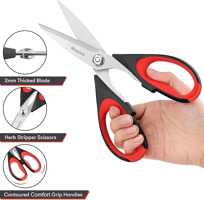 iBayam 3-Pack 8.5"Kitchen Scissors All Purpose Heavy Duty with Protective Sheath, Soft Grip Comfort Handle, Dishwasher Safe Kitchen Utensils Gadgets Set, Stainless Cooking Meat Poultry Food Shears - Bloomnest