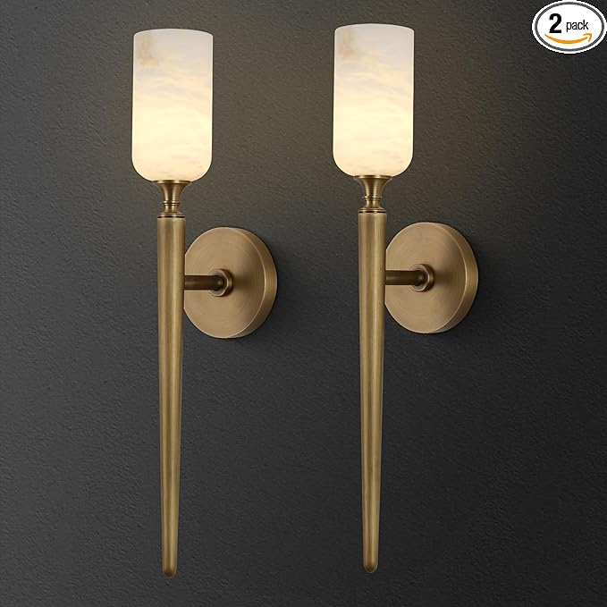 Alabaster Wall Sconces Set of Two, 22in Modern Spanish Natural Marble Bathroom Vanity Sconces, Brass Alabaster Sconce Wall Lighting, Gold Wall Light Fixtures Decor for Bedroom Living Room Staircases - Bloomnest
