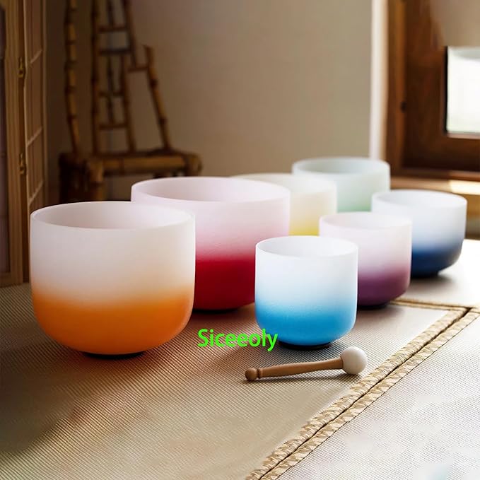 432HZ Crystal Singing Bowls Chakra Set of 7 Color 7-12" Frosted Quartz Sound Singing Bowls Set of 7 with 2 Travel Carry Cases Bags 2 Mallets Suede 2 Strikers 7 O-rings - Bloomnest