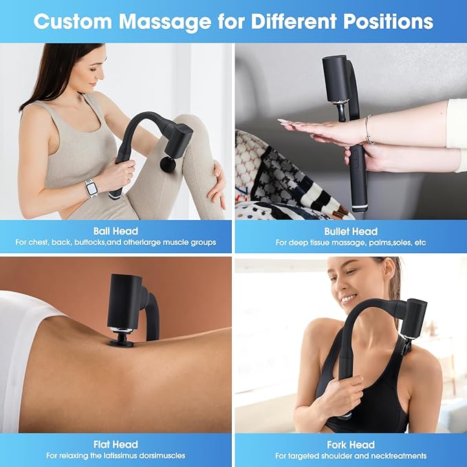 Massage Gun with Upgraded Extension Handle, Back and Neck Massage for Pain Relief, 12MM Portable Muscle Pain Relief for Back, Neck, Waist, 4 Massage Heads & 5 Speed Levels - Bloomnest