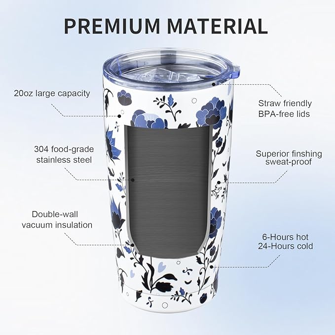 20oz Tumbler with Lid and Straw Double Wall Powder Coated Vacuum Insulated Coffee Tumbler Stainless Steel Travel Coffee Mug Spill-Proof Thermal Cup for Hot and Cold Beverage,Blue and White Porcelain - Bloomnest