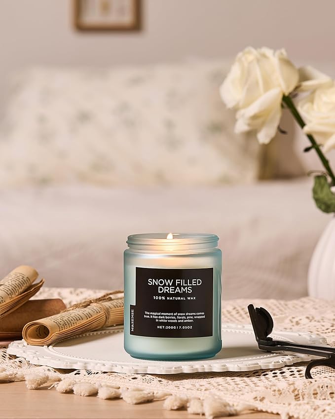 M&SENSE Snow Filled Dream - Jasmine & Pine Scented Natural Soy Wax Cotton Wick Candle for Home Decor, 7.05oz 50 Hours Long Lasting Winter Scent Holiday Gifts for Women Men - Bloomnest