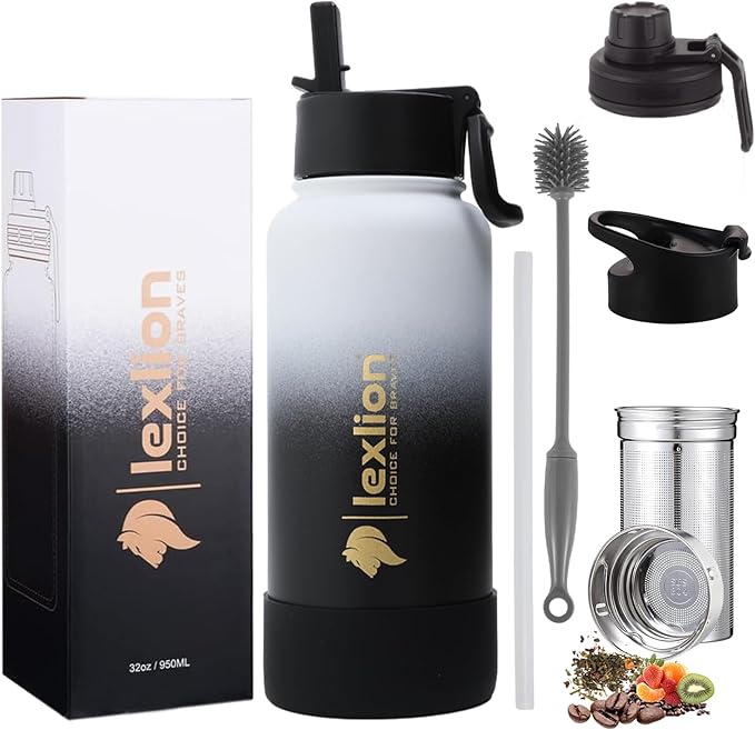 Lexlion Tea Infuser Water Bottle 32 Oz – Triple Wall Insulated Stainless Steel, Loose Leaf & Fruit Strainer, 3 Leakproof Lids, BPA-Free Silicone Sleeve, Reusable Thermal Mug - Bloomnest